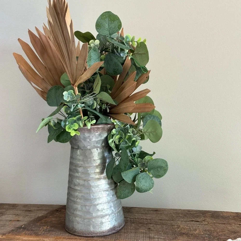 Rustic Galvanized Metal Pitcher with Faux Eucalyptus and Dried Palm Leaves Decor
